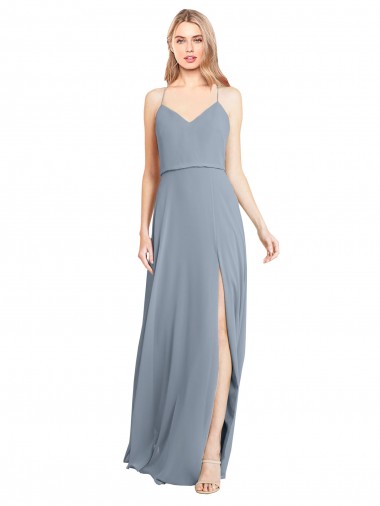 Bleu poussiéreux Trapèze Épaule Dénudée Bretelles spaghetti Mousseline Longue Robes demoiselle d'honneur à Bas Prix