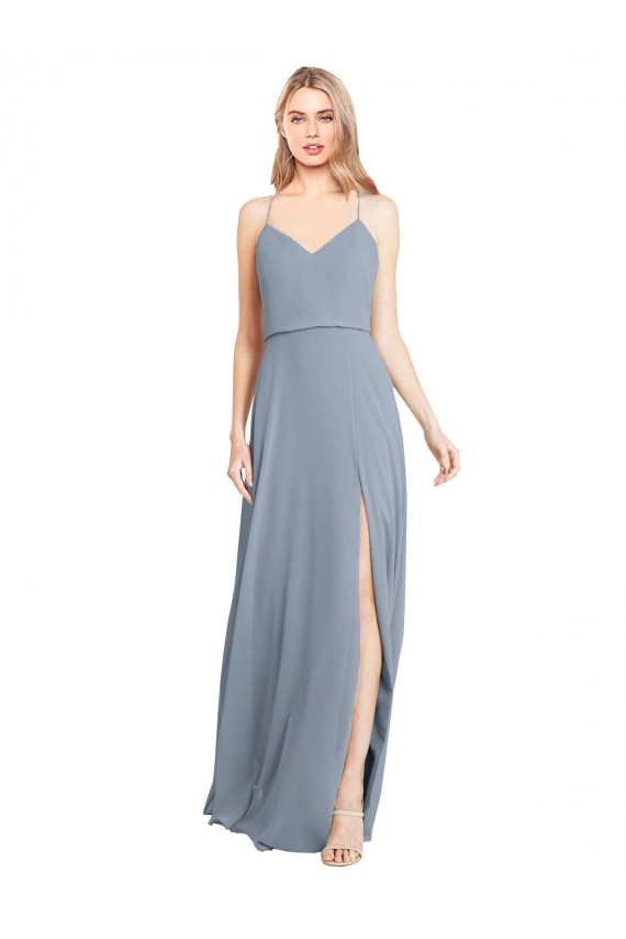 Bleu poussiéreux Trapèze Épaule Dénudée Bretelles spaghetti Mousseline Longue Robes demoiselle d'honneur à Bas Prix