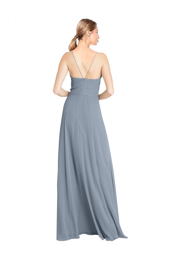 Bleu poussiéreux Trapèze Épaule Dénudée Bretelles spaghetti Mousseline Longue Robes demoiselle d'honneur à Bas Prix