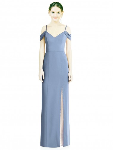Bleu poussiéreux Trapèze Épaule Dénudée Mousseline Longue Formelles Robes demoiselle d'honneur / Robes de soirée à Bas Prix