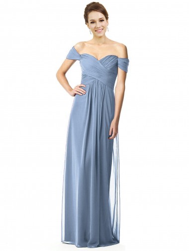 Bleu poussiéreux Trapèze Épaule Dénudée Mousseline Longue Robes demoiselle d'honneur à Bas Prix