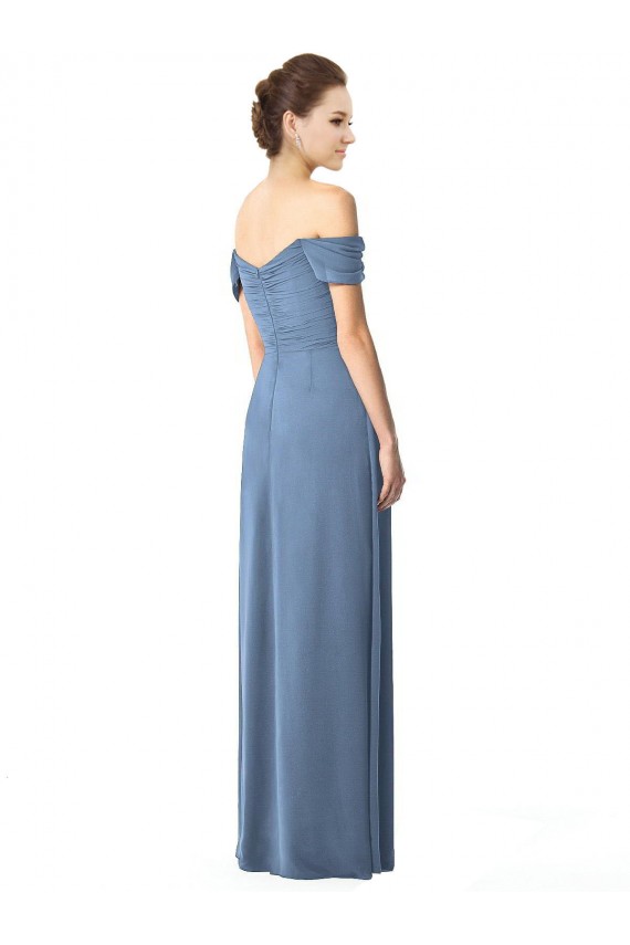 Bleu poussiéreux Trapèze Épaule Dénudée Mousseline Longue Robes demoiselle d'honneur à Bas Prix
