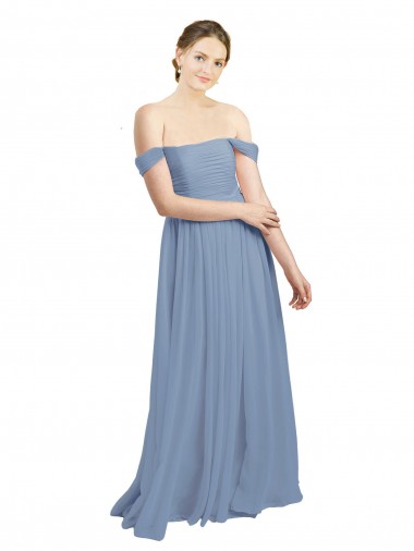 Bleu poussiéreux Trapèze Épaule Dénudée Mousseline Longue Robes demoiselle d'honneur à Bas Prix