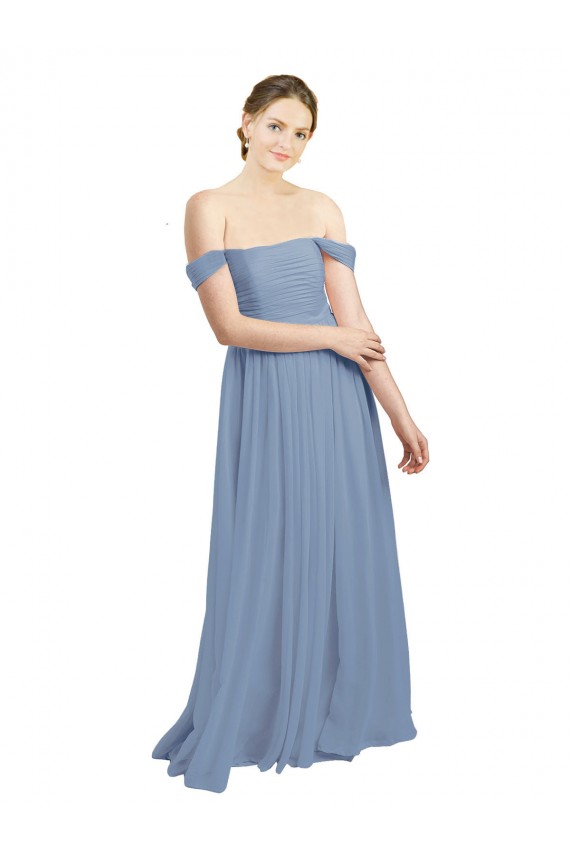 Bleu poussiéreux Trapèze Épaule Dénudée Mousseline Longue Robes demoiselle d'honneur à Bas Prix
