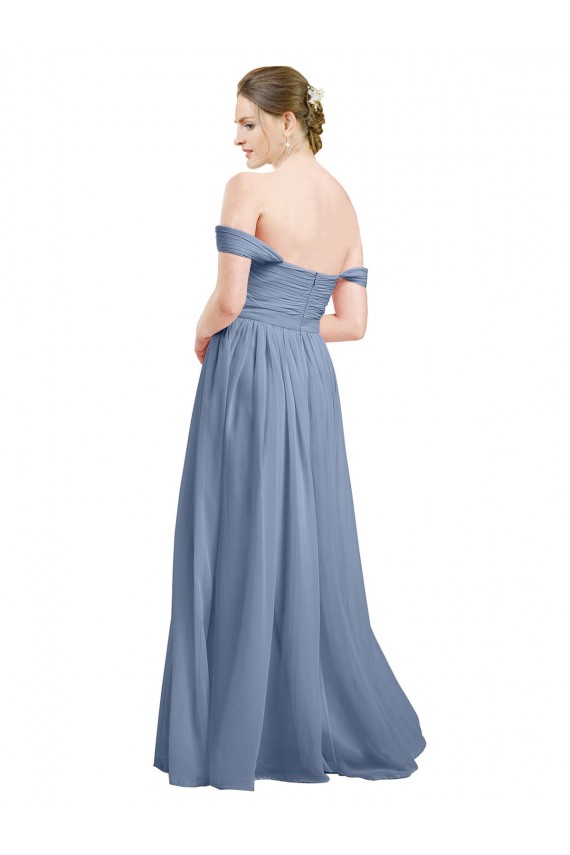 Bleu poussiéreux Trapèze Épaule Dénudée Mousseline Longue Robes demoiselle d'honneur à Bas Prix
