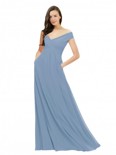 Bleu poussiéreux Trapèze Épaule Dénudée Mousseline Longue Robes demoiselle d'honneur à Bas Prix