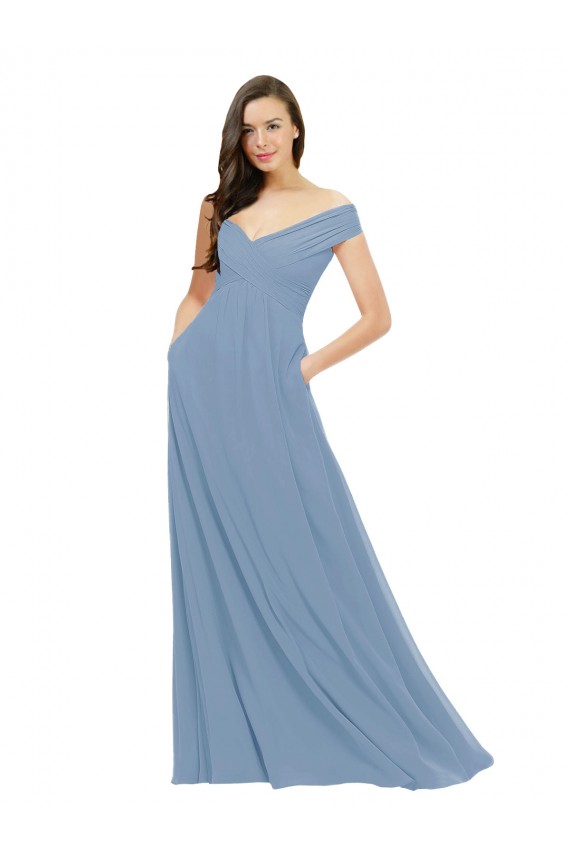 Bleu poussiéreux Trapèze Épaule Dénudée Mousseline Longue Robes demoiselle d'honneur à Bas Prix