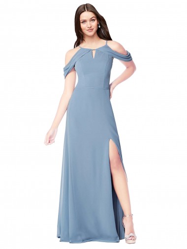 Bleu poussiéreux Trapèze Épaule Dénudée Mousseline Longue Robes demoiselle d'honneur à Bas Prix
