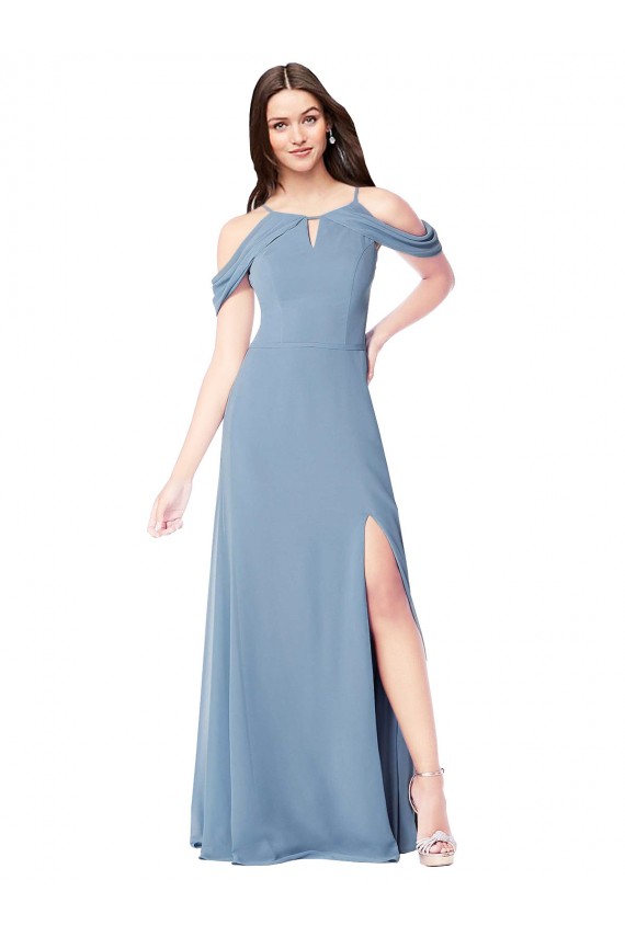 Bleu poussiéreux Trapèze Épaule Dénudée Mousseline Longue Robes demoiselle d'honneur à Bas Prix