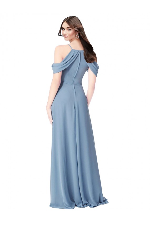 Bleu poussiéreux Trapèze Épaule Dénudée Mousseline Longue Robes demoiselle d'honneur à Bas Prix
