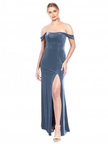 Bleu poussiéreux Trapèze Épaule Dénudée Sans bretelle Velours Stretch Longue Robes demoiselle d'honneur / Robes de bal à Bas Prix