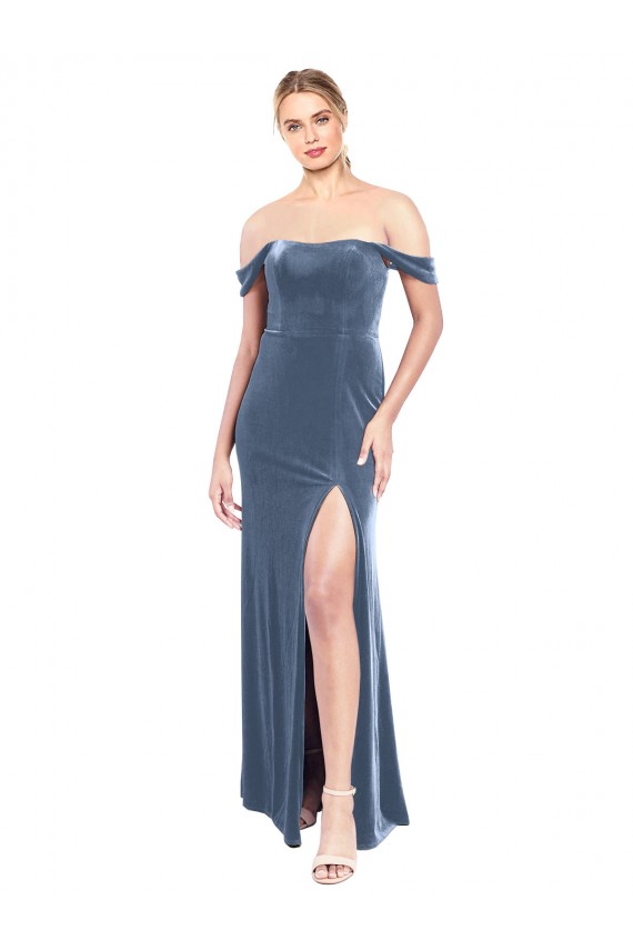 Bleu poussiéreux Trapèze Épaule Dénudée Sans bretelle Velours Stretch Longue Robes demoiselle d'honneur / Robes de bal à Bas Prix