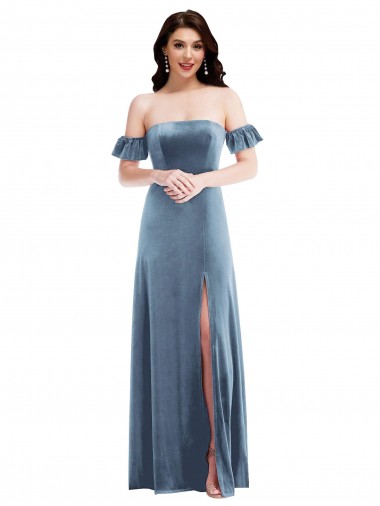 Bleu poussiéreux Trapèze Épaule Dénudée Velours Stretch Longue Robes demoiselle d'honneur / Robes de bal à Bas Prix