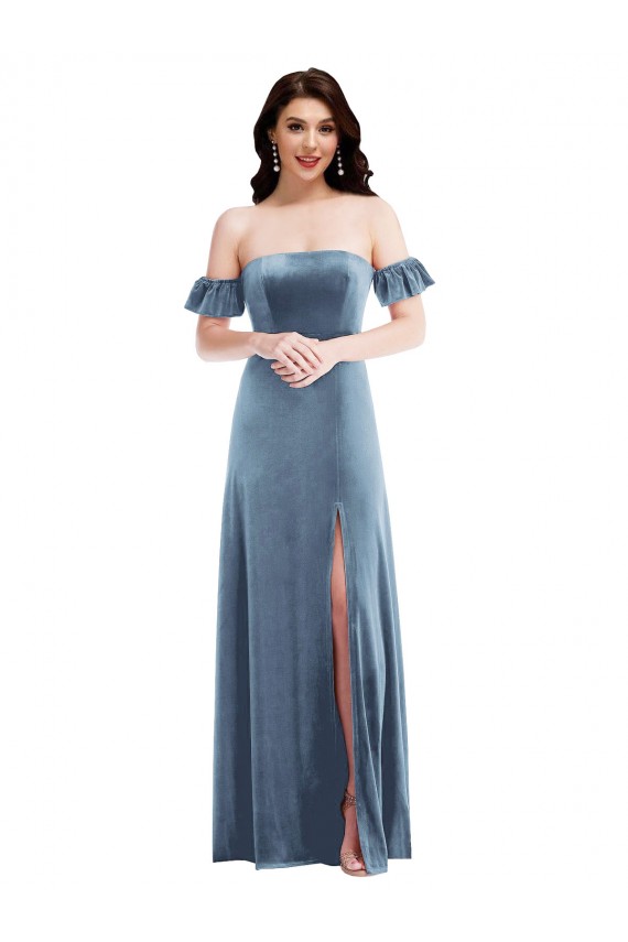 Bleu poussiéreux Trapèze Épaule Dénudée Velours Stretch Longue Robes demoiselle d'honneur / Robes de bal à Bas Prix