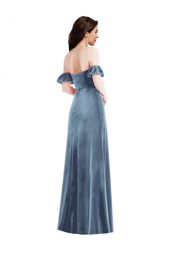 Bleu poussiéreux Trapèze Épaule Dénudée Velours Stretch Longue Robes demoiselle d'honneur / Robes de bal à Bas Prix