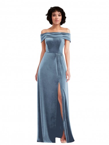 Bleu poussiéreux Trapèze Épaule Dénudée Velours Stretch Longue Robes demoiselle d'honneur / Robes de bal à Bas Prix
