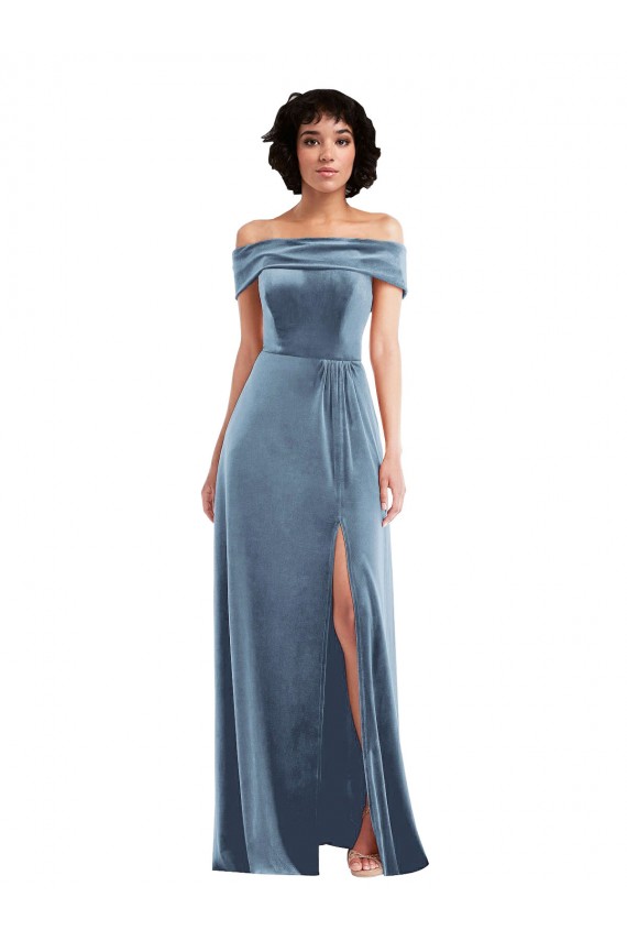 Bleu poussiéreux Trapèze Épaule Dénudée Velours Stretch Longue Robes demoiselle d'honneur / Robes de bal à Bas Prix