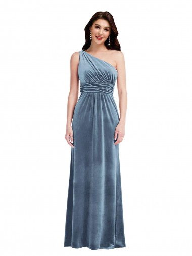 Bleu poussiéreux Trapèze Épaule Dénudée Velours Stretch Longue Robes demoiselle d'honneur / Robes de bal à Bas Prix