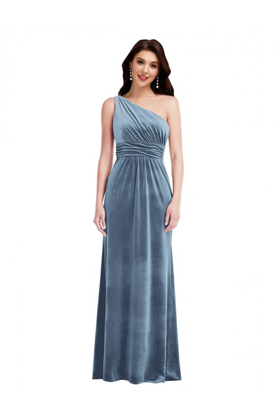 Bleu poussiéreux Trapèze Épaule Dénudée Velours Stretch Longue Robes demoiselle d'honneur / Robes de bal à Bas Prix