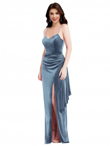 Bleu poussiéreux Trompette Bretelles spaghetti Velours Stretch Longue Formelles Robes demoiselle d'honneur / Robes de soirée / Robes de bal à Bas Prix