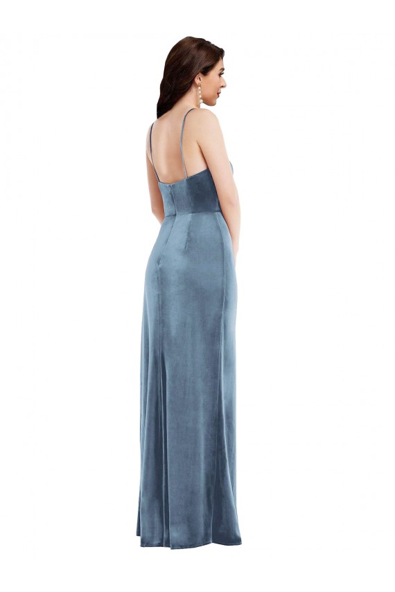 Bleu poussiéreux Trompette Bretelles spaghetti Velours Stretch Longue Formelles Robes demoiselle d'honneur / Robes de soirée / Robes de bal à Bas Prix