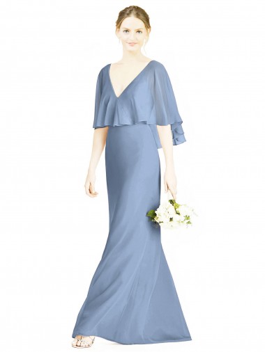 Bleu poussiéreux Trompette Col V Mousseline Longue Robes demoiselle d'honneur à Bas Prix