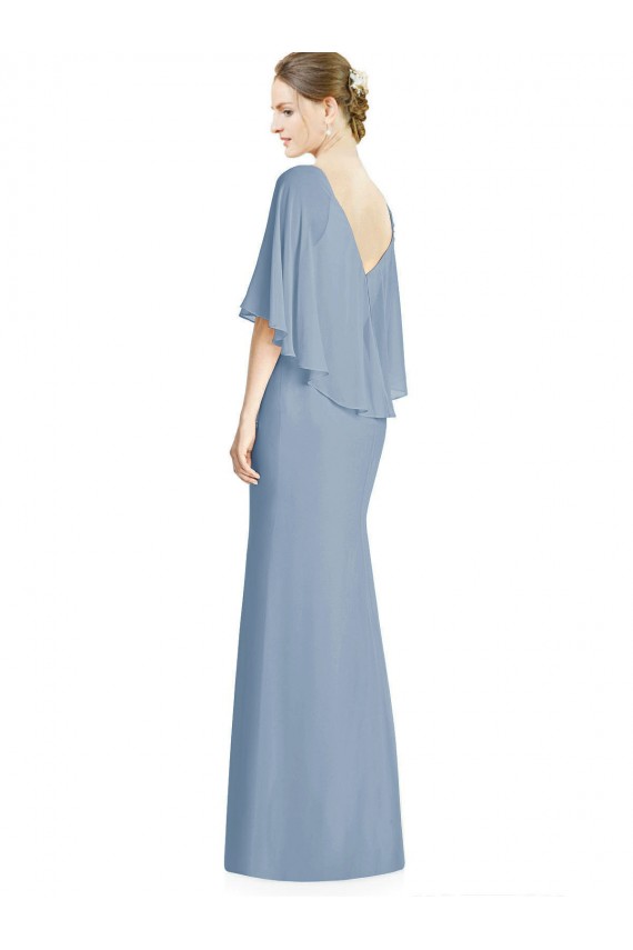 Bleu poussiéreux Trompette Col V Mousseline Longue Robes demoiselle d'honneur à Bas Prix