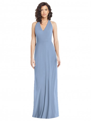 Bleu poussiéreux Trompette Licou Col V Mousseline Longue Formelles Robes demoiselle d'honneur / Robes de soirée à Bas Prix