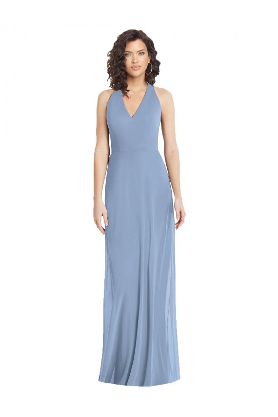 Bleu poussiéreux Trompette Licou Col V Mousseline Longue Formelles Robes demoiselle d'honneur / Robes de soirée à Bas Prix