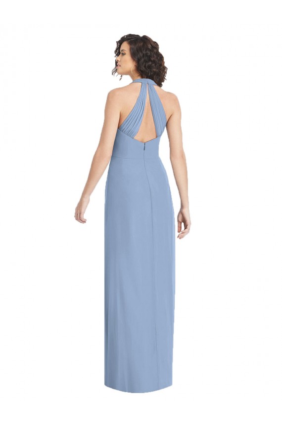 Bleu poussiéreux Trompette Licou Col V Mousseline Longue Formelles Robes demoiselle d'honneur / Robes de soirée à Bas Prix