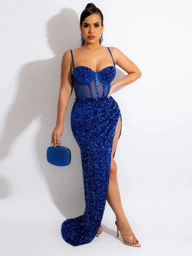 Bleu roi Fourreau Bretelles spaghetti Balayage train Paillettes Velours Longue Robes de bal à Bas Prix