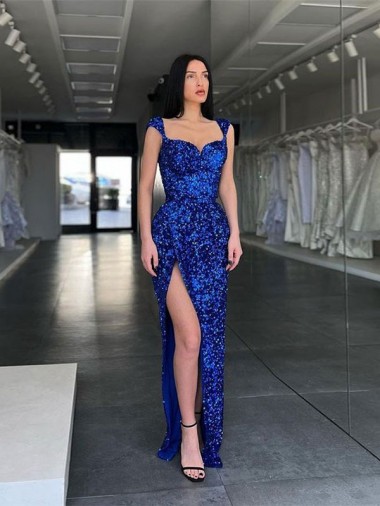 Bleu roi Fourreau Bretelles spaghetti Balayage train Paillettes Velours Longue Robes de bal à Bas Prix