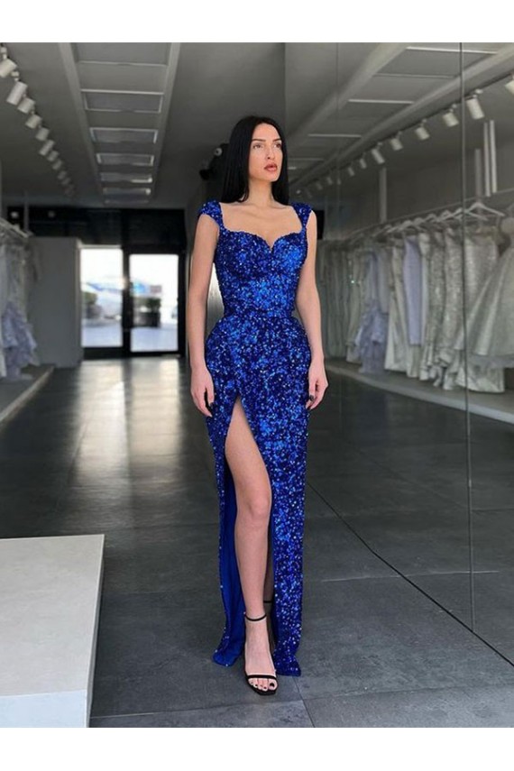 Bleu roi Fourreau Bretelles spaghetti Balayage train Paillettes Velours Longue Robes de bal à Bas Prix