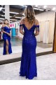 Bleu roi Fourreau Bretelles spaghetti Col V Paillettes Velours Longue Robes de bal à Bas Prix
