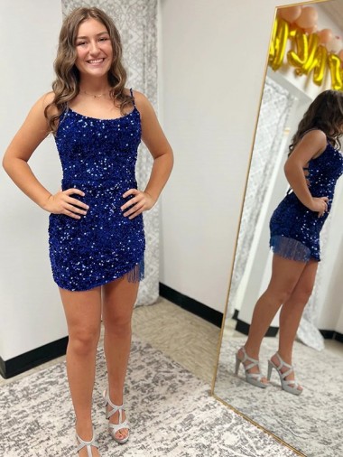 Bleu roi Fourreau Bretelles spaghetti Courte Paillettes Velours Courte Robes de bal à Bas Prix