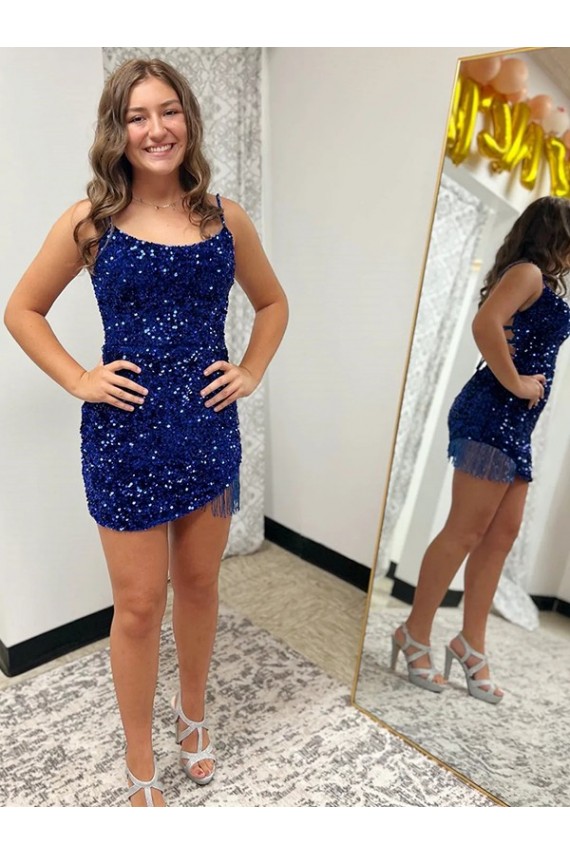 Bleu roi Fourreau Bretelles spaghetti Courte Paillettes Velours Courte Robes de bal à Bas Prix