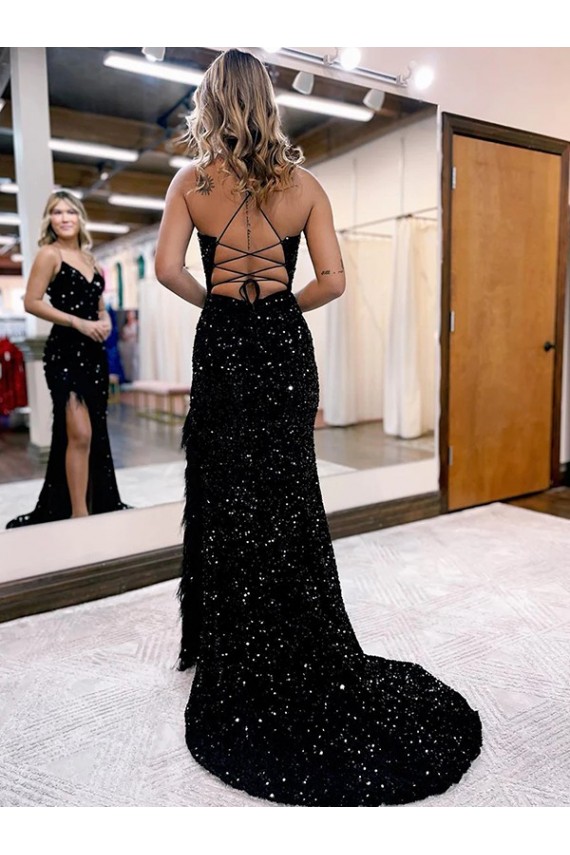 Bleu roi Fourreau Col V Balayage train Paillettes Velours Longue Robes de bal à Bas Prix
