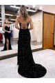 Bleu roi Fourreau Col V Balayage train Paillettes Velours Longue Robes de bal à Bas Prix