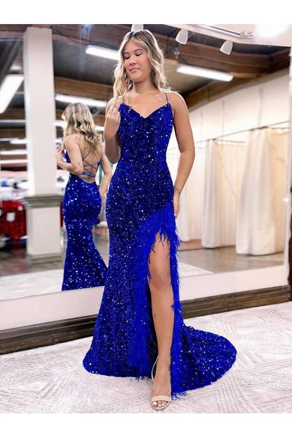 Bleu roi Fourreau Col V Balayage train Paillettes Velours Longue Robes de bal à Bas Prix