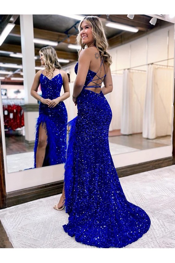 Bleu roi Fourreau Col V Balayage train Paillettes Velours Longue Robes de bal à Bas Prix