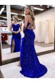 Bleu roi Fourreau Col V Balayage train Paillettes Velours Longue Robes de bal à Bas Prix