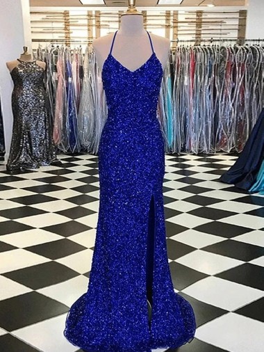 Bleu roi Fourreau Col V Balayage train Paillettes Velours Longue Robes de bal à Bas Prix