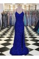 Bleu roi Fourreau Col V Balayage train Paillettes Velours Longue Robes de bal à Bas Prix