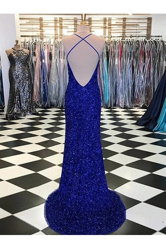 Bleu roi Fourreau Col V Balayage train Paillettes Velours Longue Robes de bal à Bas Prix