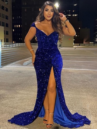 Bleu roi Fourreau Col V Balayage train Paillettes Velours Longue Robes de bal à Bas Prix