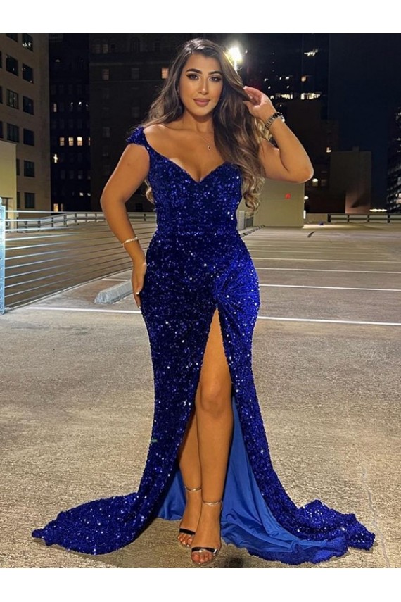 Bleu roi Fourreau Col V Balayage train Paillettes Velours Longue Robes de bal à Bas Prix