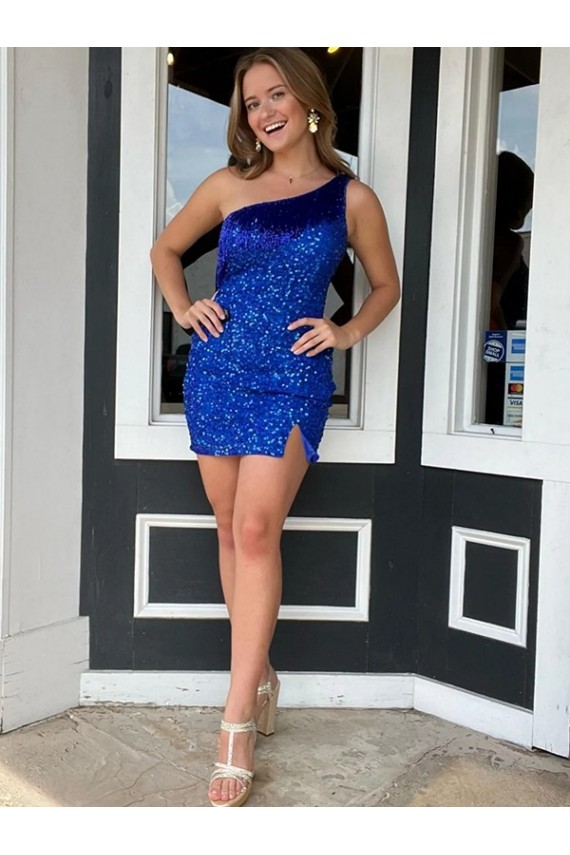 Bleu roi Fourreau Courte Paillettes Velours Courte Robes de bal à Bas Prix