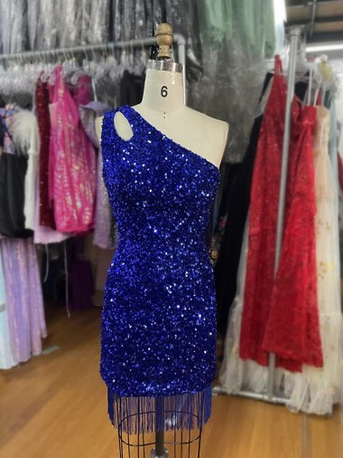 Bleu roi Fourreau Courte Paillettes Velours Courte Robes de bal à Bas Prix