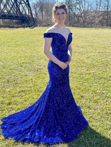 Bleu roi Fourreau Épaule Dénudée Balayage train Paillettes Velours Longue Robes de bal à Bas Prix