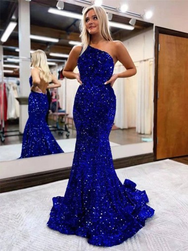 Bleu roi Sirène Balayage train Paillettes Velours Longue Robes de bal à Bas Prix